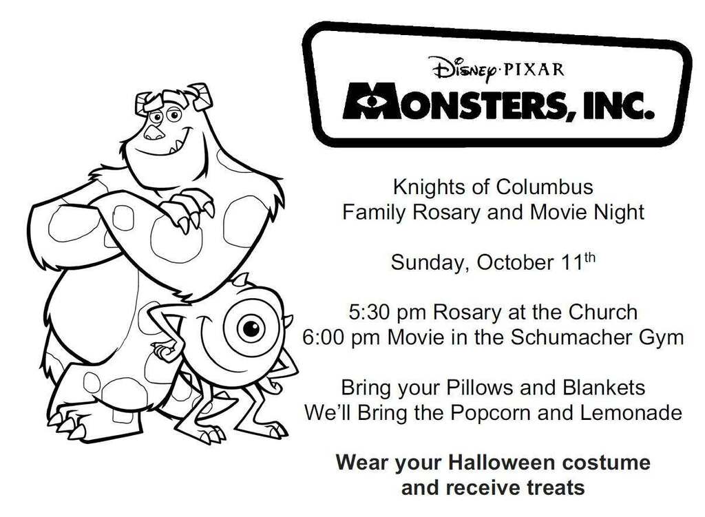 KC Movie Night, October 11th. Rosery at 5:30 Church, 6:00 PM movie in the Gym.