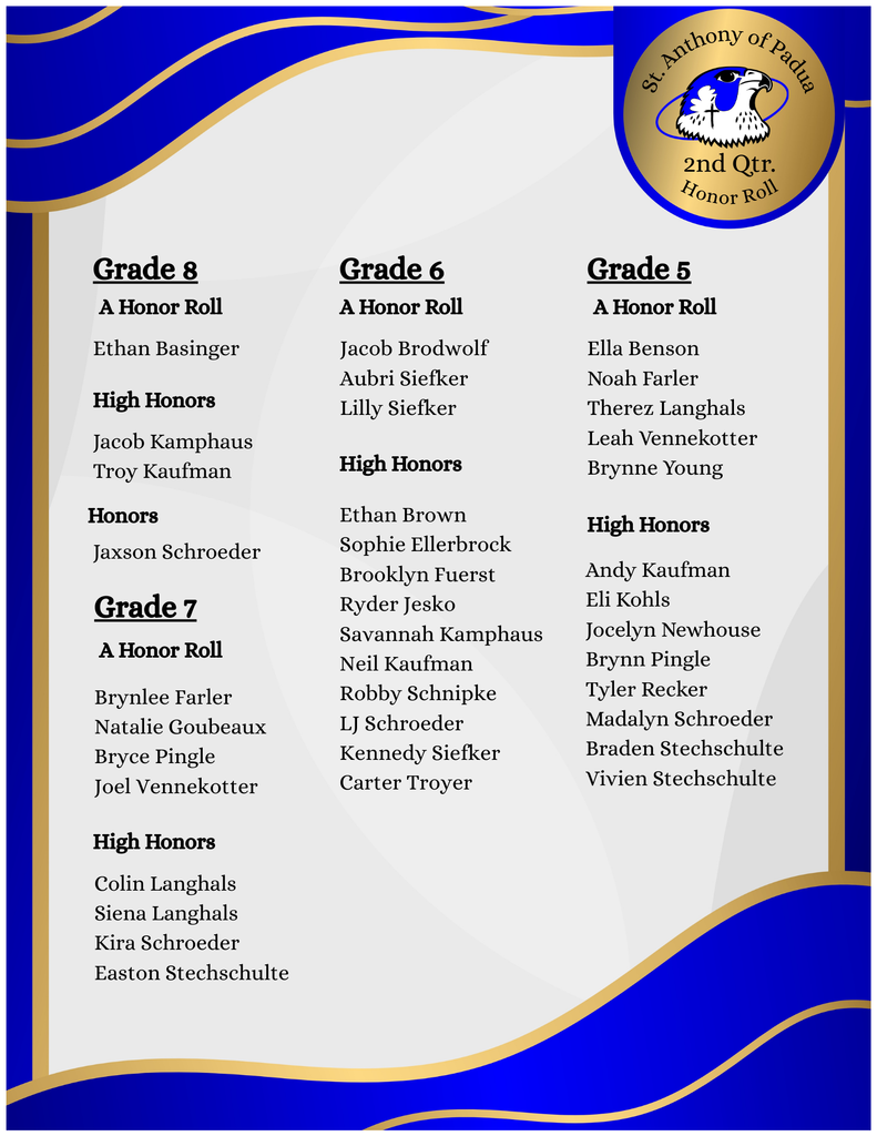St. Anthony of Padua-2nd qtr Honor Roll