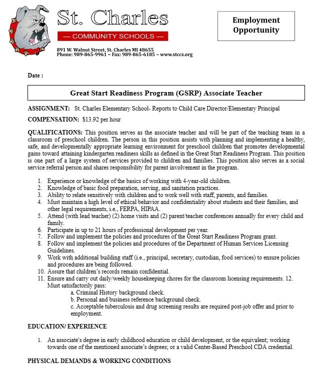 GSRP Associate Teacher Position