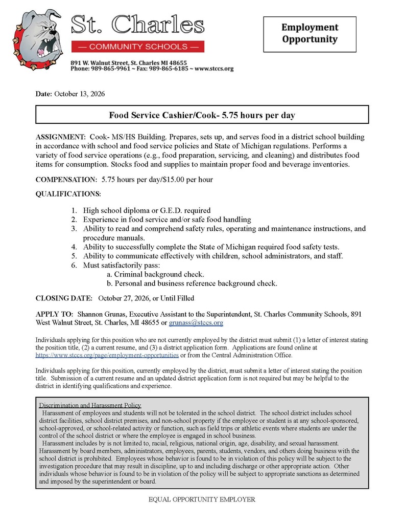 Food Service Cook Position 2026