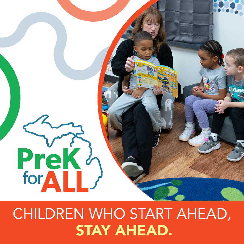 Text that reads, "PreK for All. Children who start ahead, stay ahead" with a photo of a teacher reading a book to a group fo preschool children.