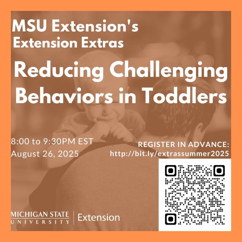 Photo of two toddlers with text that reads, "MSU Extension's Extension Extras: Reducing Challenging Behaviors in Toddlers, 8-9:30 p.m. on August 26, 2025. Register in advance: http://bit.ly/extrasummer2025