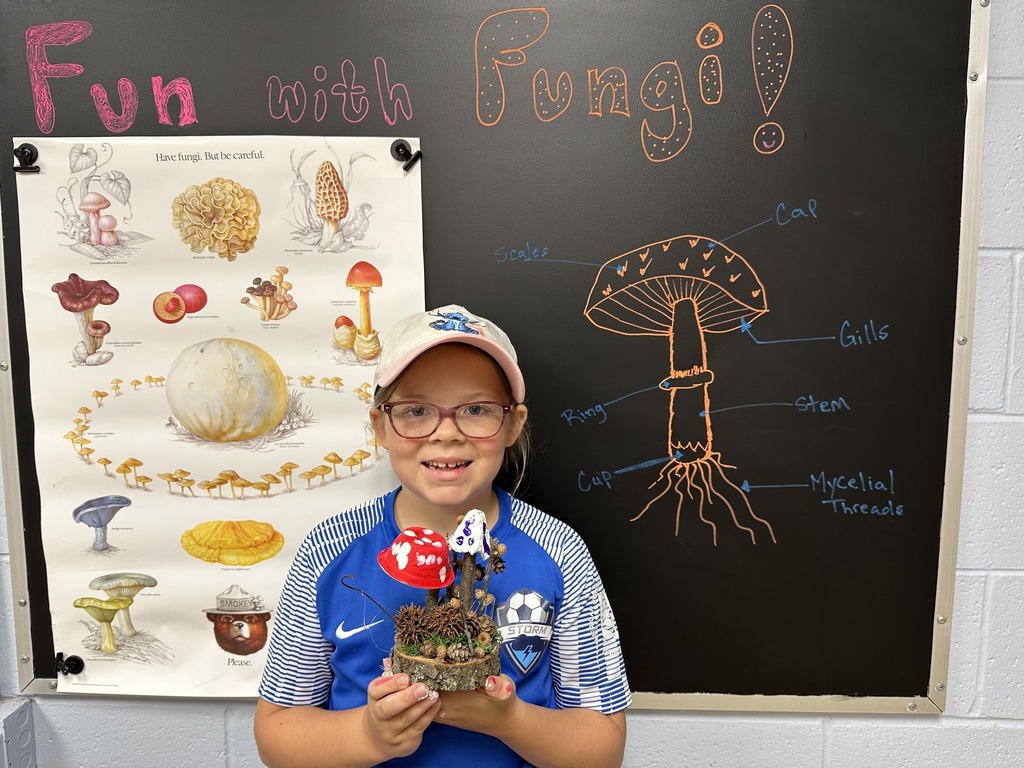 A young students holds up their fungi creation