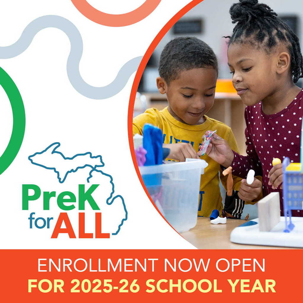 Two preschoolers dressing a doll with text that reads, "PreK for All. Enrollment now open for 2025-26 school year."