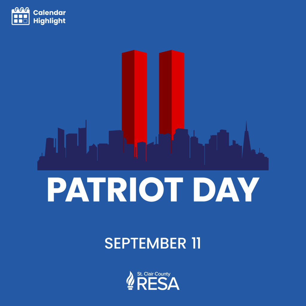 Line drawing of the New York City skyline with the Twin Towers emphasized in red with text that reads, "PATRIOT DAY, SEPTEMBER 11"