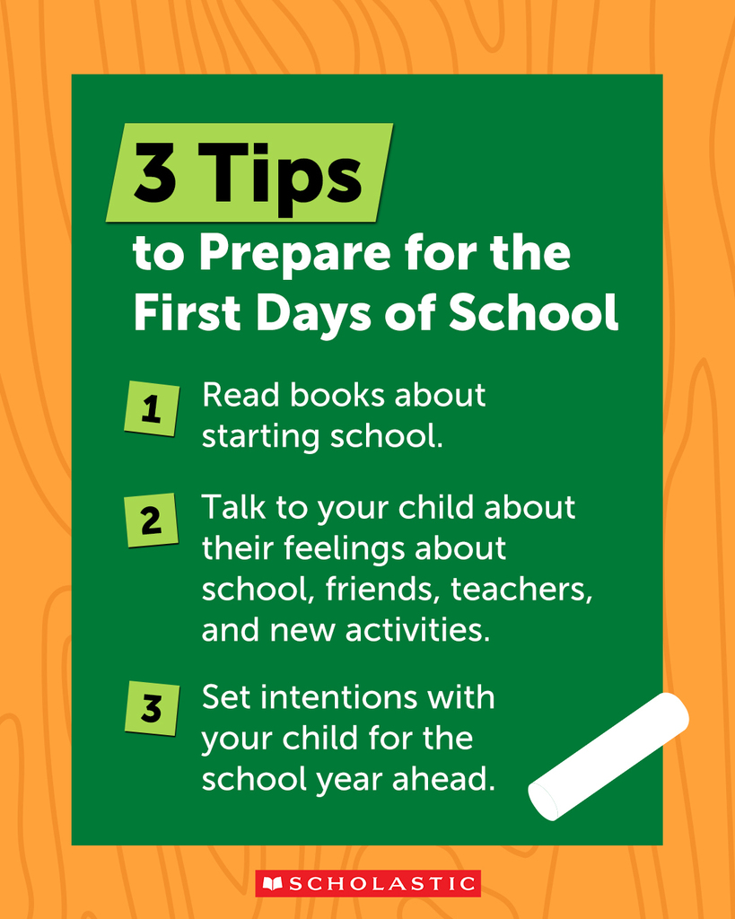Chalkboard illustration with text that reads, "3 tips to preapre for the first day of school. 1. Read books about starting school. 2. Talk to your child about their feelings about school, friends, teachers, and new activities. 3. Set intentions with your child for the school year ahead."