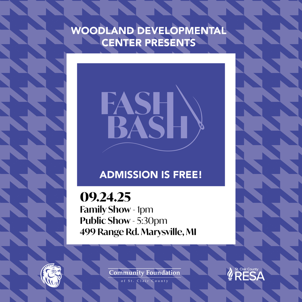 Herringbone pattern with text that reads, "Woodland Developmental Center Presents Fash Bash, 9.24.25. Admission is free!"
