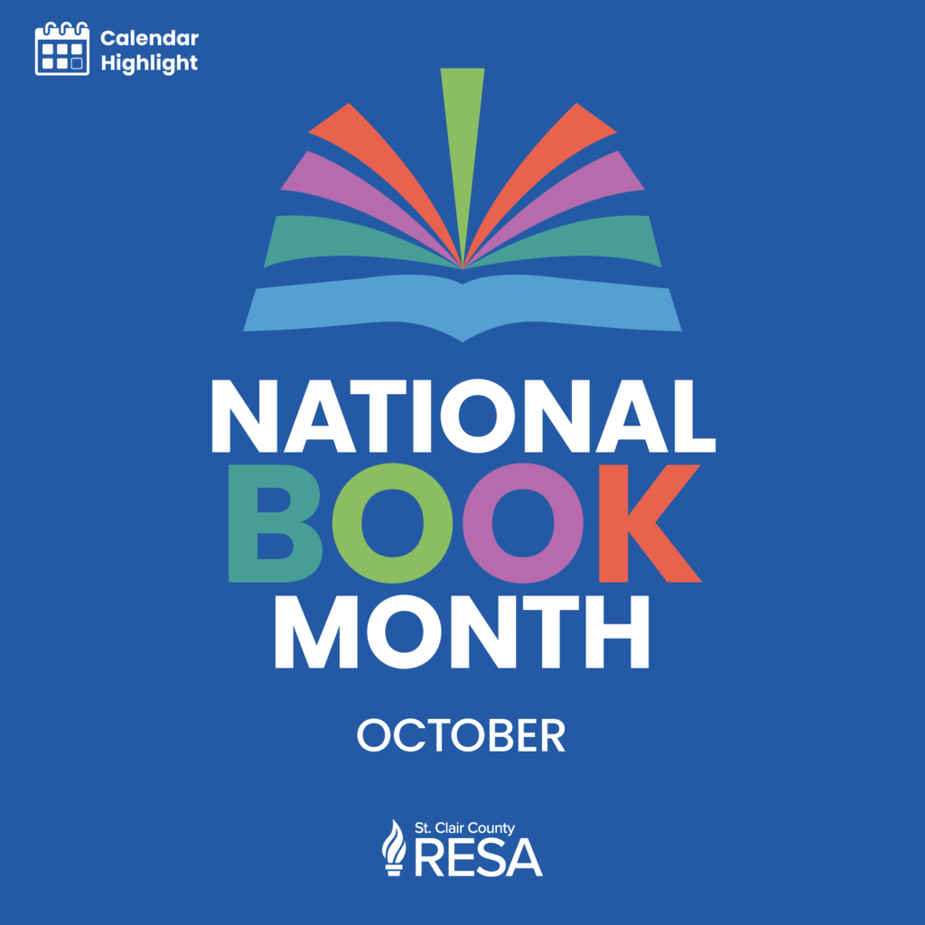 Illustration of an open book with text reading, "National Book Month, October."