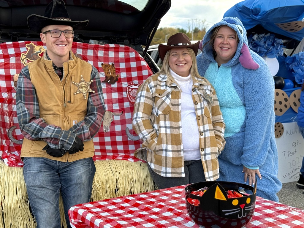 Three people dressed as cowboys and a blue Stitch character smiling in front of a Western-themed trunk with a red checkered tablecloth.