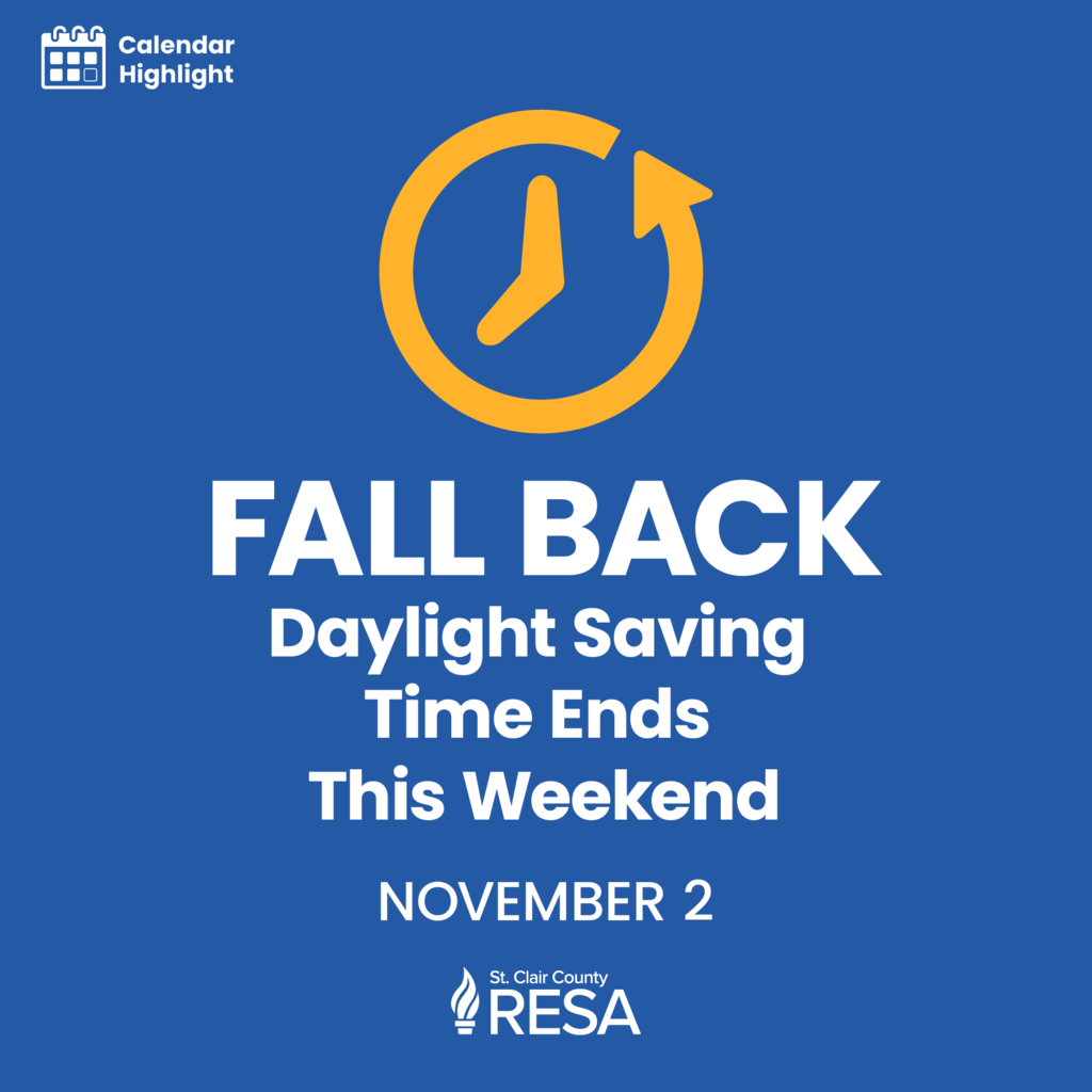 Icon of a clock with an arrow pointing backwards with text reading, "Fall Back. Daylight Saving Time Ends This Weekend. November 2."