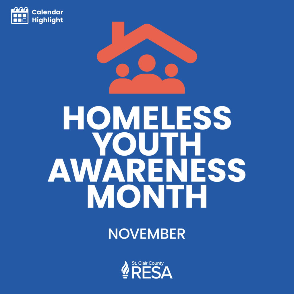 Icon of three people with a roof over their heads with text reading, "Homeless Youth Awareness Month, November."