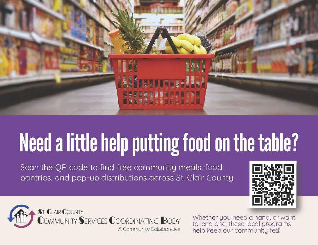 Photo of grocery basket full of food with text reading, "Need a little help putting food on the Table?"