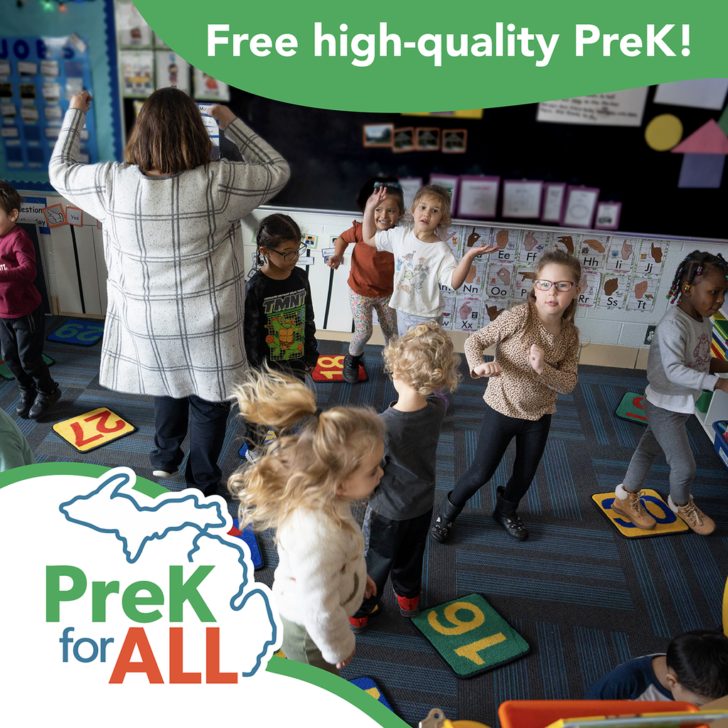 A teacher dancing with students in a preschool classroom with text reading, "Free, high-quality PreK!"