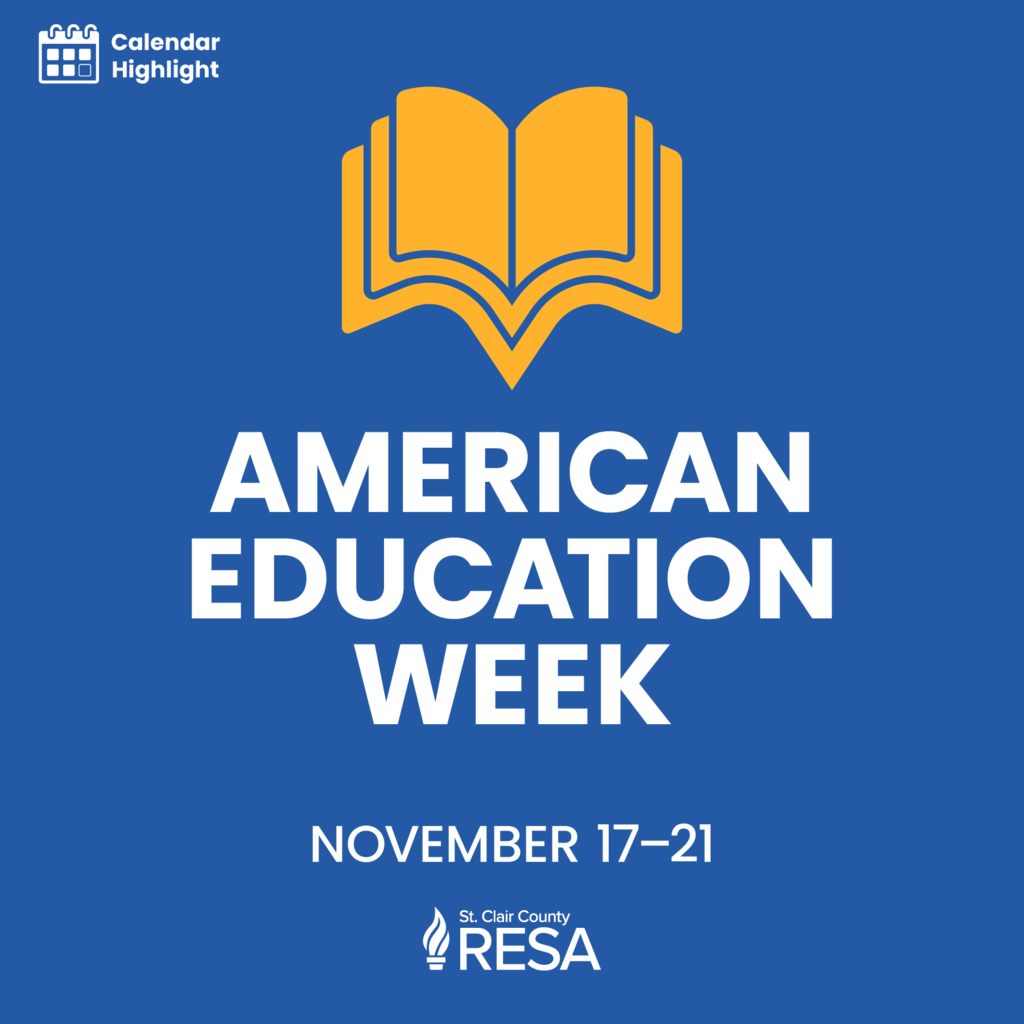Illustration of an open book with text reading, "Calendar Highlight: American Education Week, November 17-21."