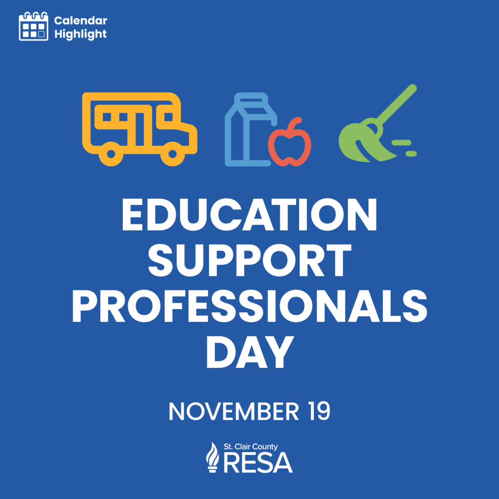 Illustrations of a school bus, apple and milk box, and mop with text reading, "Calendar Highlight: Education Support Professionals Day, November 19."