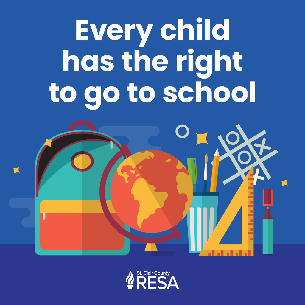 Illustration of book supplies including a backpack, world globe, pencils, and a compass with text that reads, "Every child has the right to go to school."