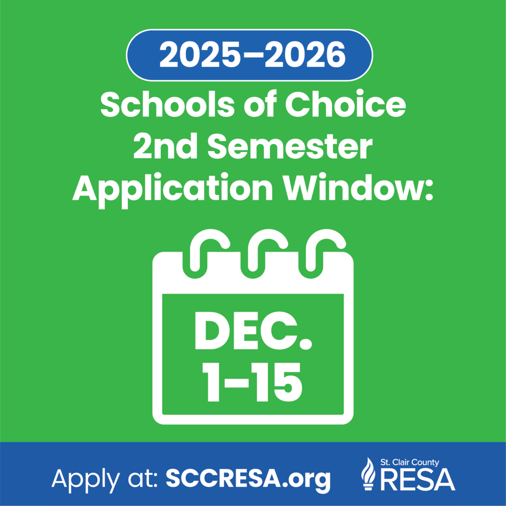Calendar icon with text reading, "2025-2026 School of Choice 2nd semester application window:  December 1-15"