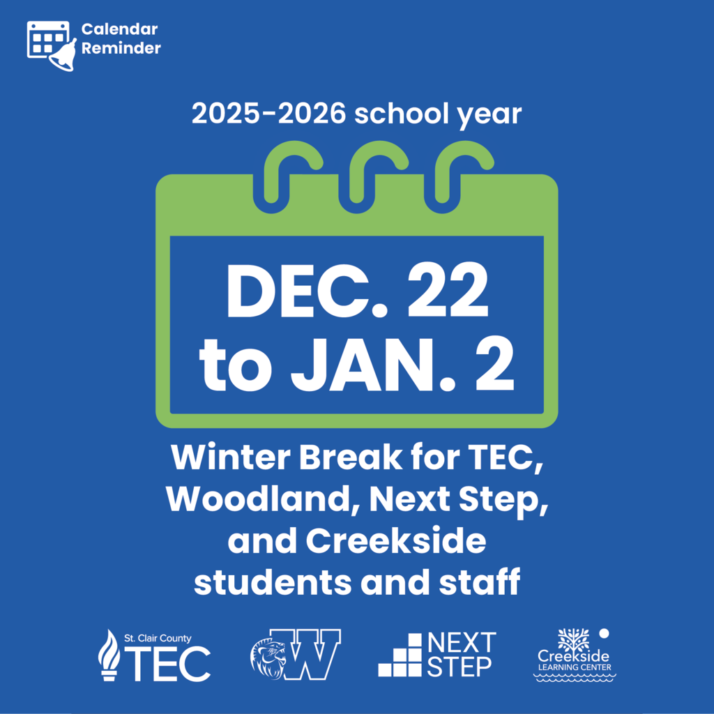 School logos with text reading, "2025-2026 school year. Winter Break for TEC, Woodland, Next Step, and Creekside students and staff,"