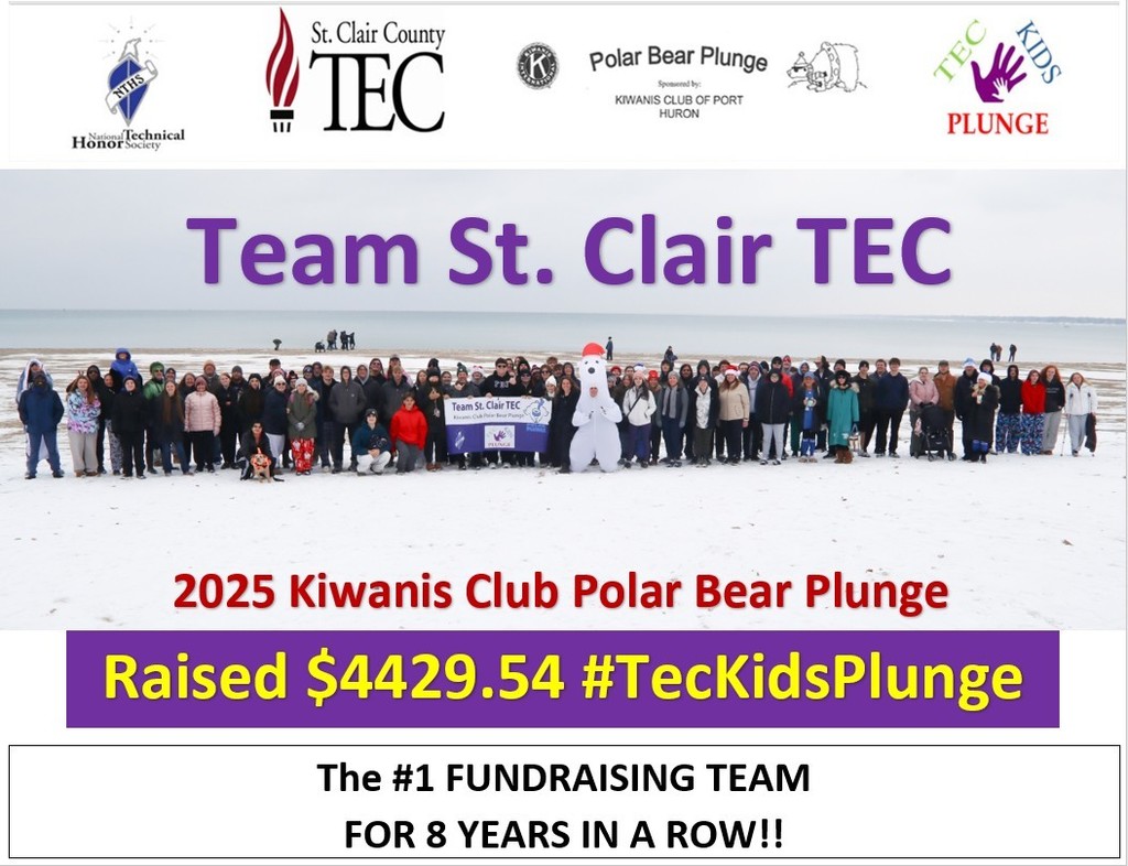 TEC Kids Care group stands on the shore of Lake Huron during the Polar Bear Plunge. There is snow on the ground.