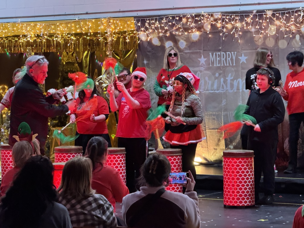 Woodland students stand on stage playing instruments led by art and music teacher Alan Demski