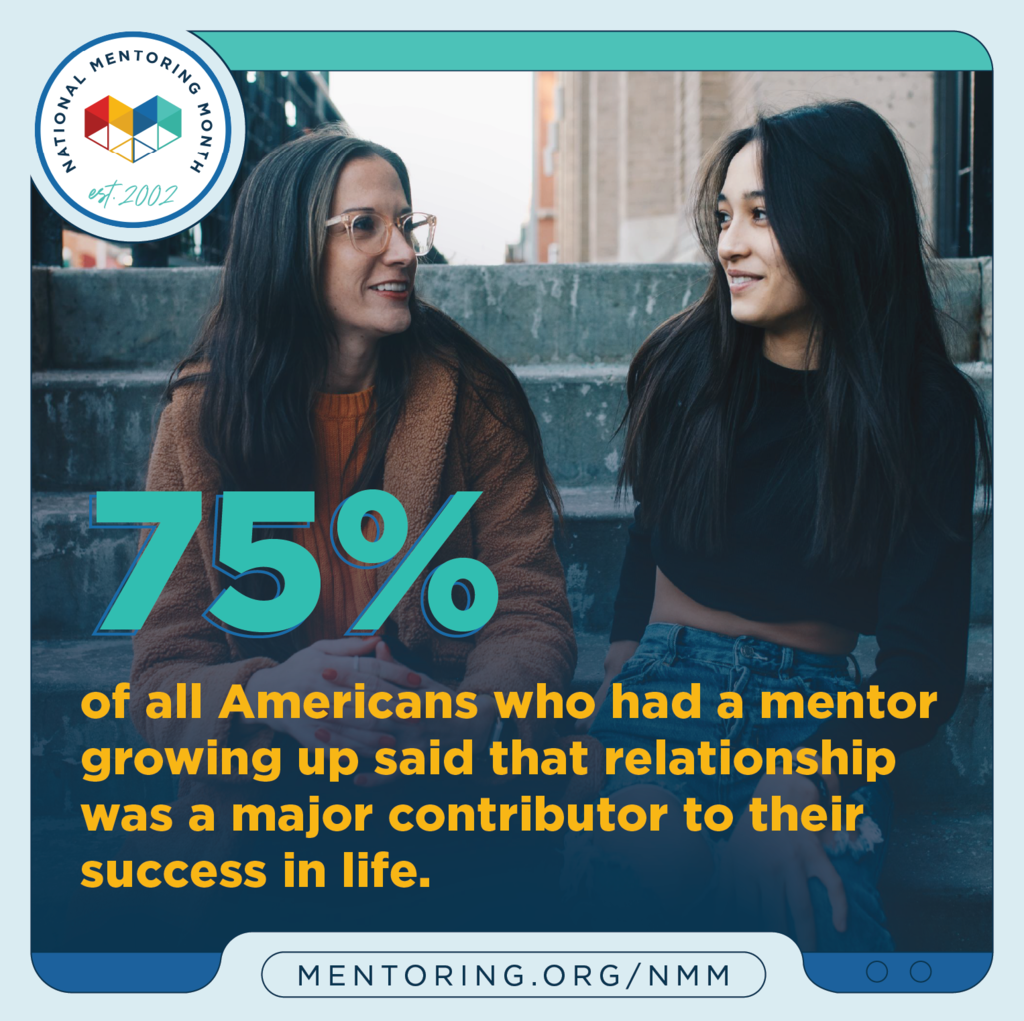 An adult and young adult sit together on outdoor steps, smiling at one another in conversation. Overlaid text reads, "75% of all Americans who had a mentor growing up said that relationship was a major contributor to their success in life." A National Mentoring Month logo appears in the upper right-hand corner with the web address, www.mentoring.org/nmm, at the bottom
