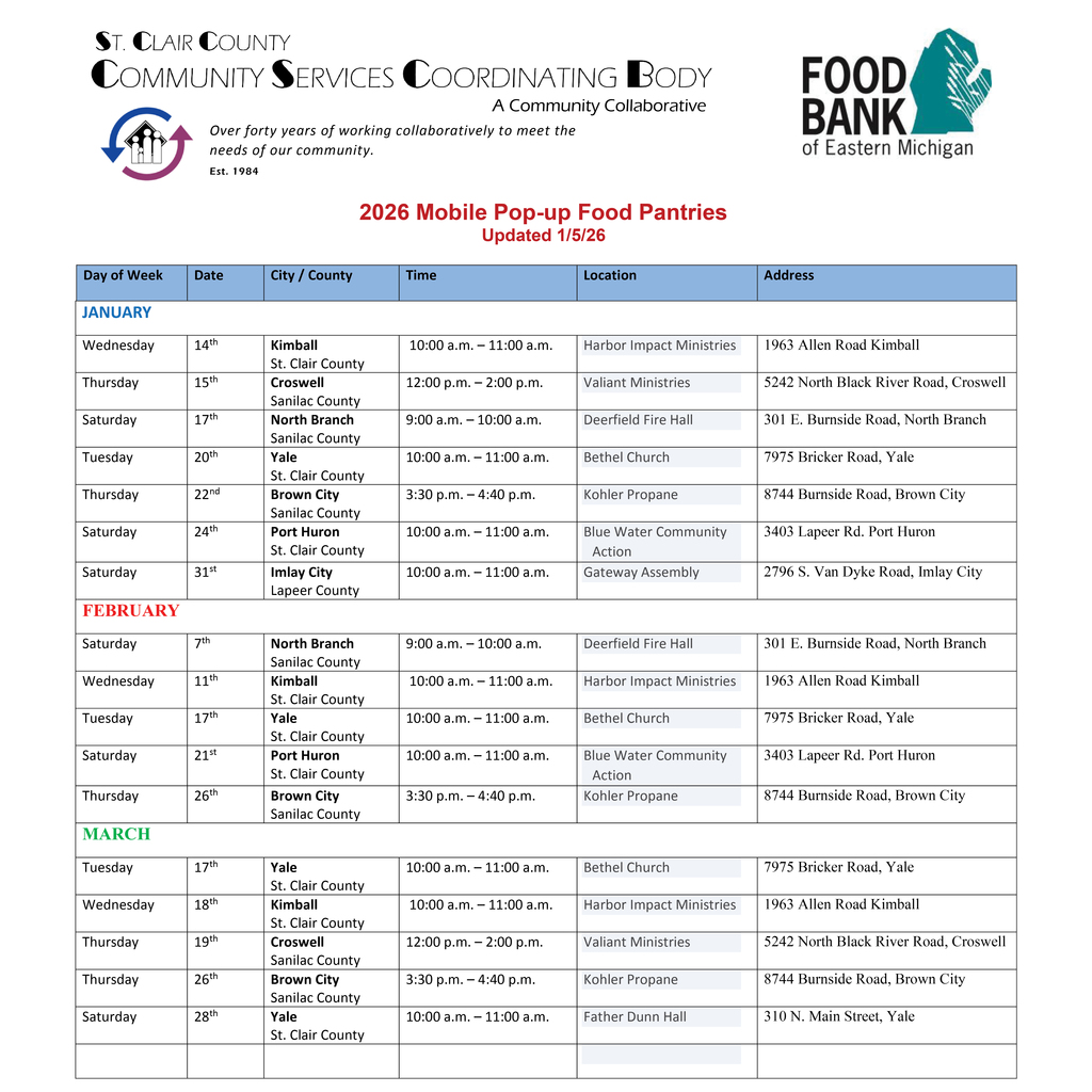 2026 Mobile Pop-up Food Pantries List