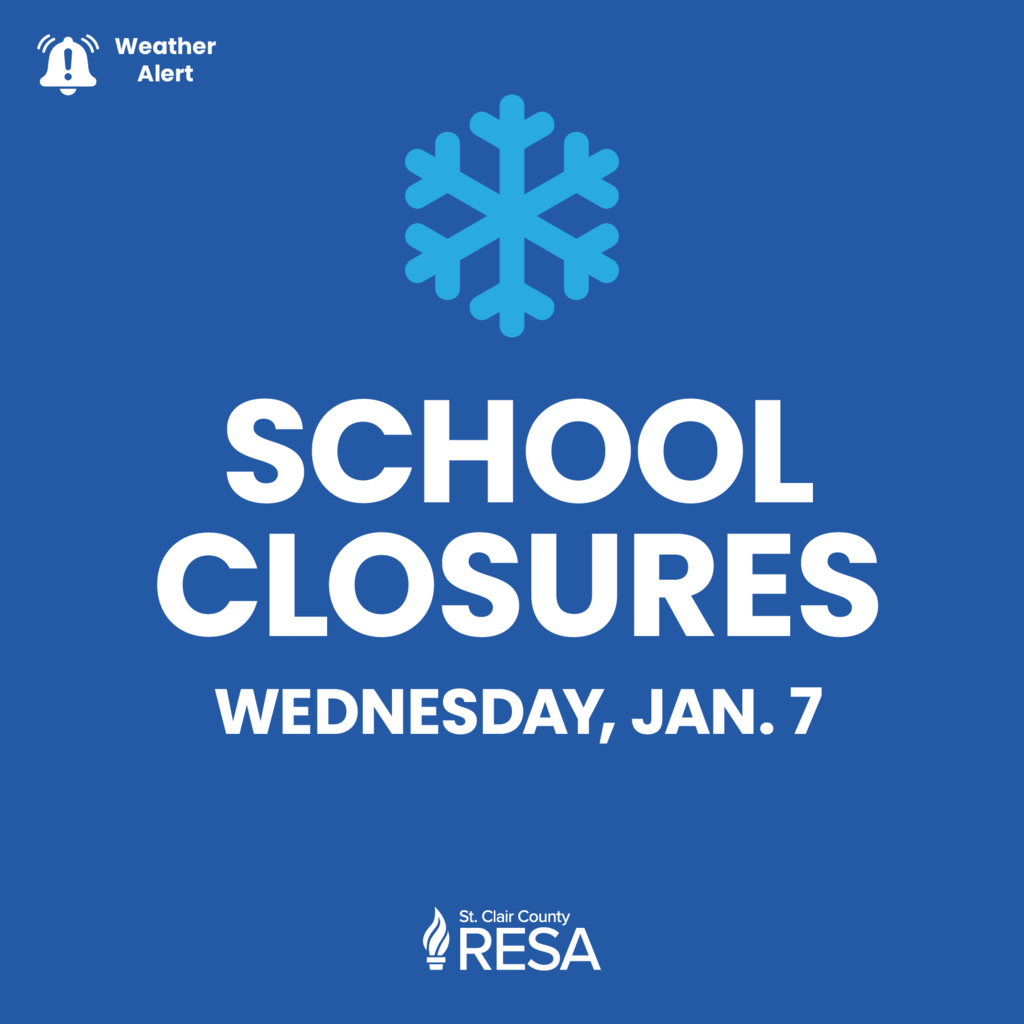 Snowflake icon with text reading, School CL\losures, Wednesday, Jan. 7"