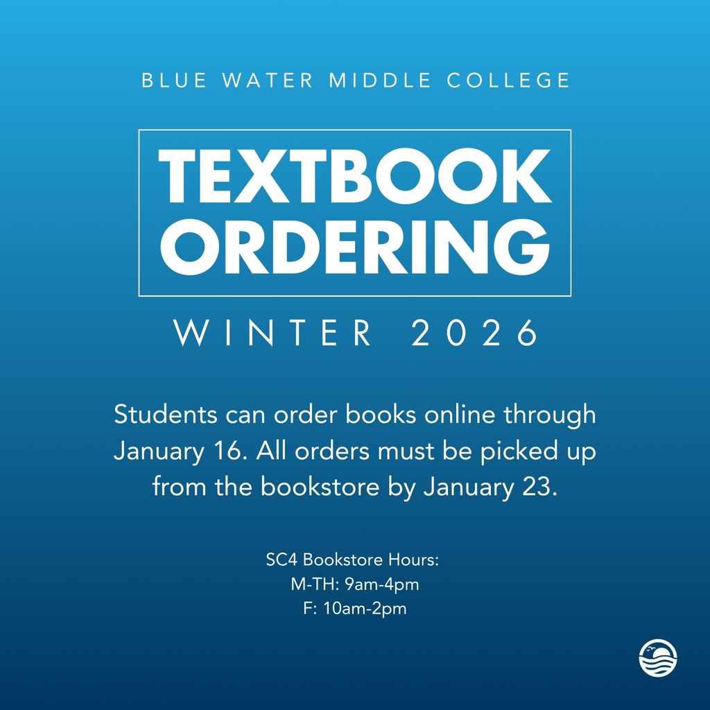 Textbook Ordering Winter 2026 - Students can order books online through January 16. All orders must be picked up from the bookstore by January 23. SC4 Bookstore Hours: Monday to Thursday 9am-4pm, Friday 10am-2pm