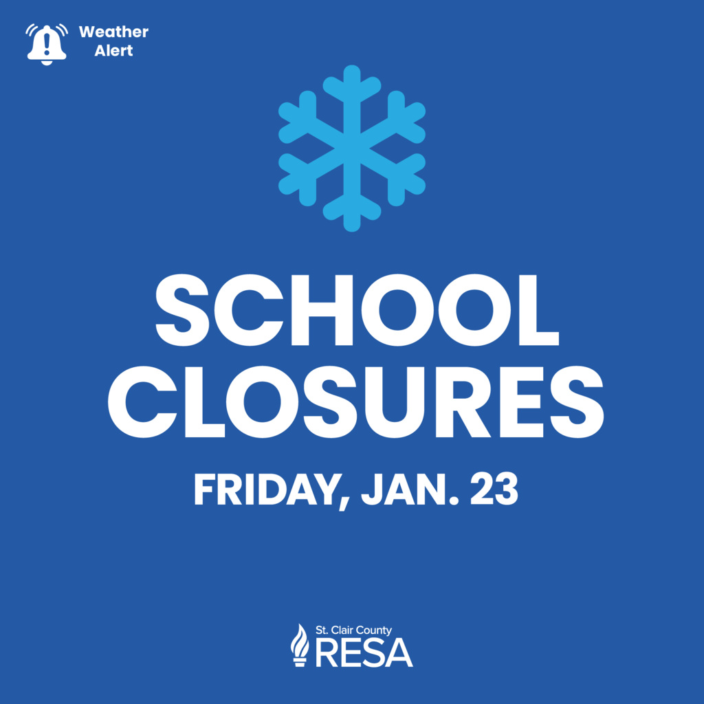 Snowflake icon with text reading, School Closures, Friday, Jan. 23"