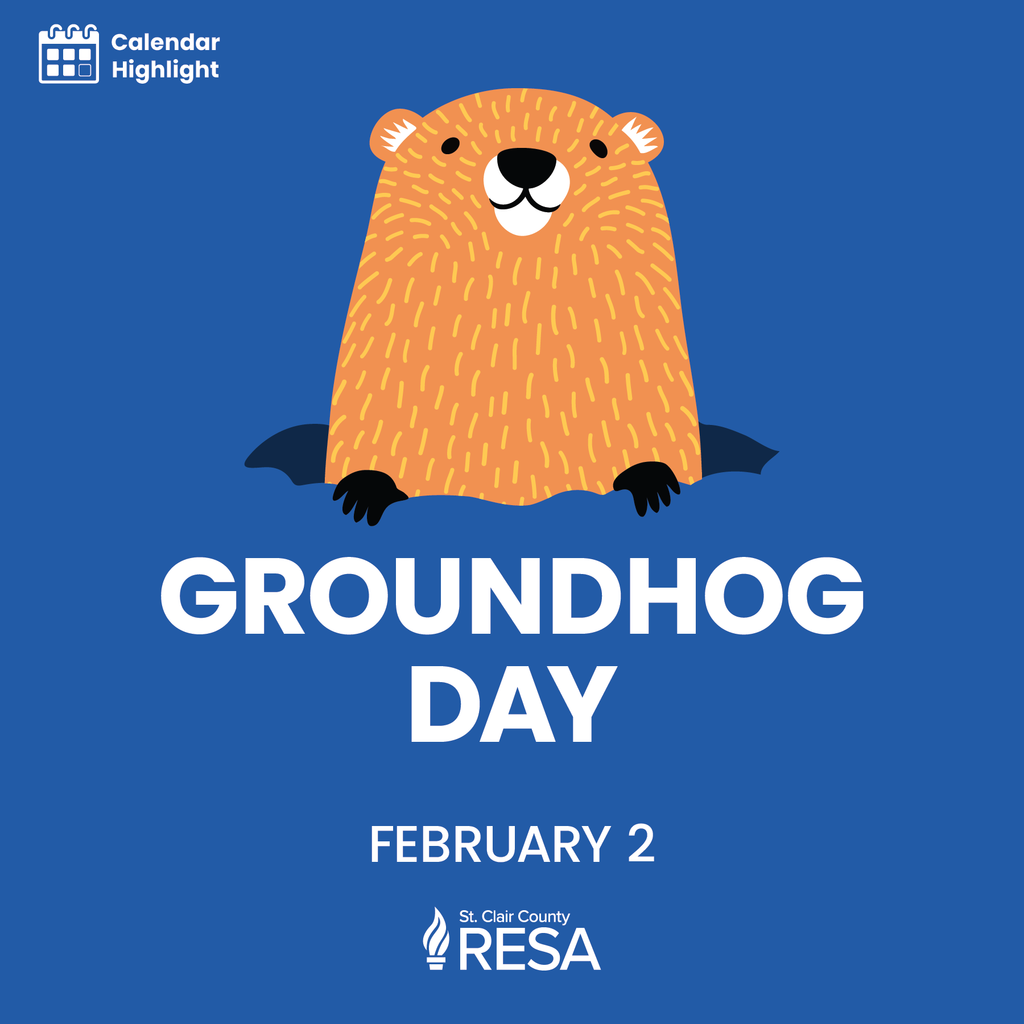 Illustration of cute groundhog popping up out of a hole with text reading, "Calendar Highlight: Groundhog Day. February 2"