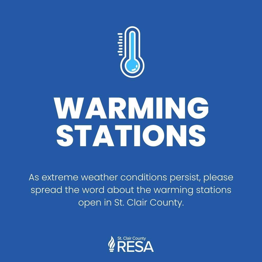 Thermometer illustration and RESA logo with text that reads, Warming Stations. As extreme weather conditions persist, please spread the word about the warming stations open in St. Clair County."