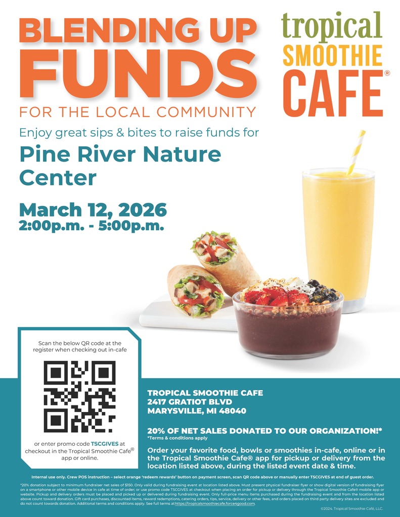 Pine River Nature Center Tropical Smoothie Cafe fundraiser flyer