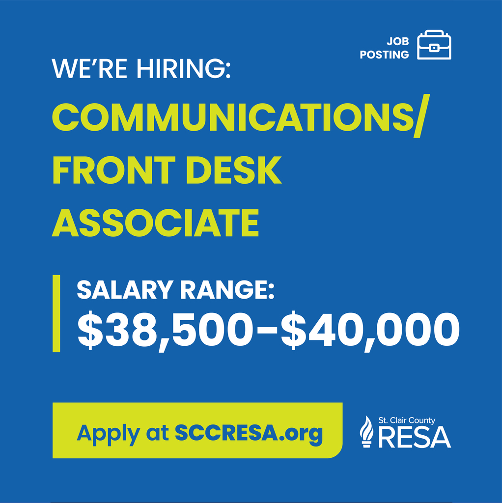Blue background with text reading, "We're Hiring: Communications/Front Desk Associate. Salary range: $38,500-$40,000. Apply at sccresa.org"