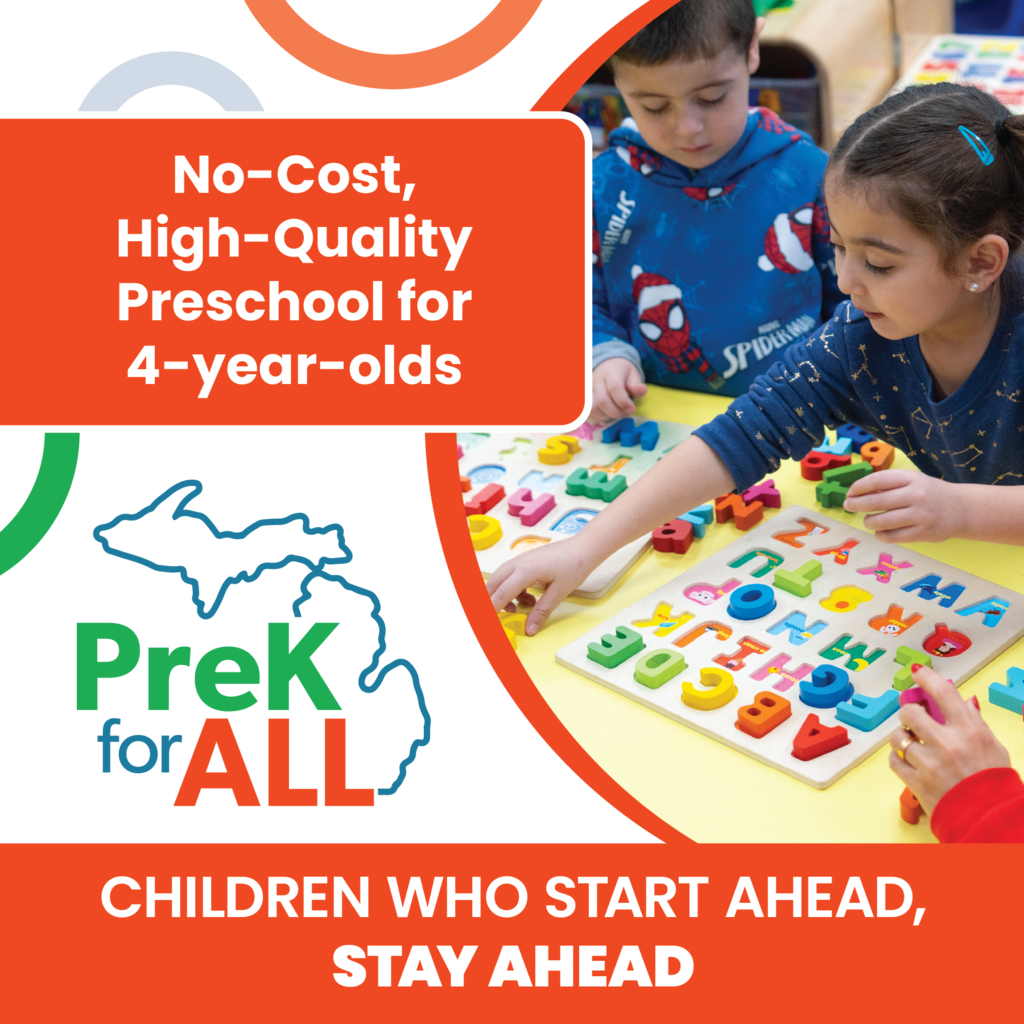 Two preschoolers working on an alphabet puzzle with text reading, "No-Cost, High-Quality Preschool for 4-year-olds. Children who start ahead, stay ahead."