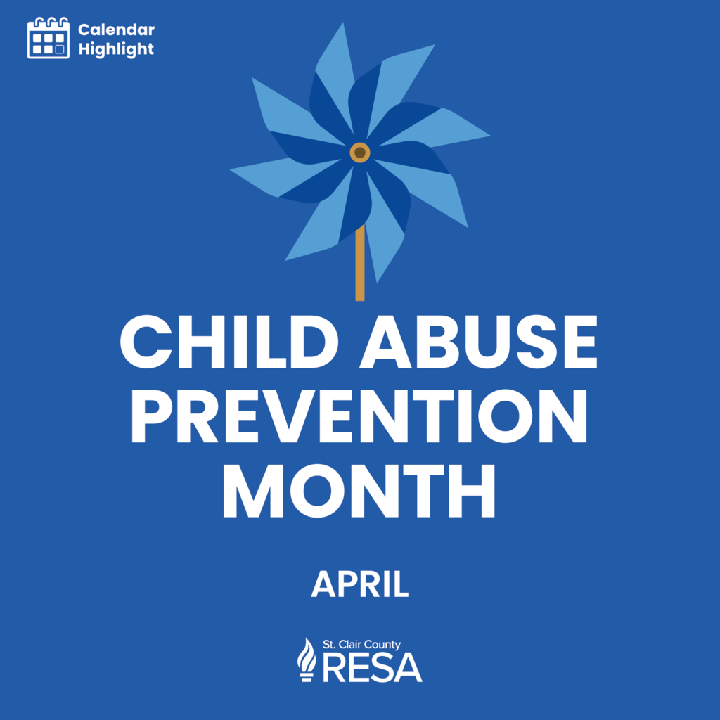 RESA logo, illustration of a pinwheel, and text reading, "Child Abuse Prevention Month, April."
