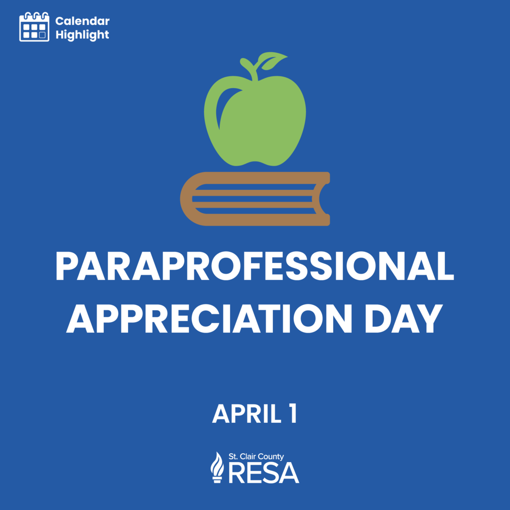 RESA logo, illustration of apple and book, and text reading "Paraprofessional Appreciation Day, April 1."