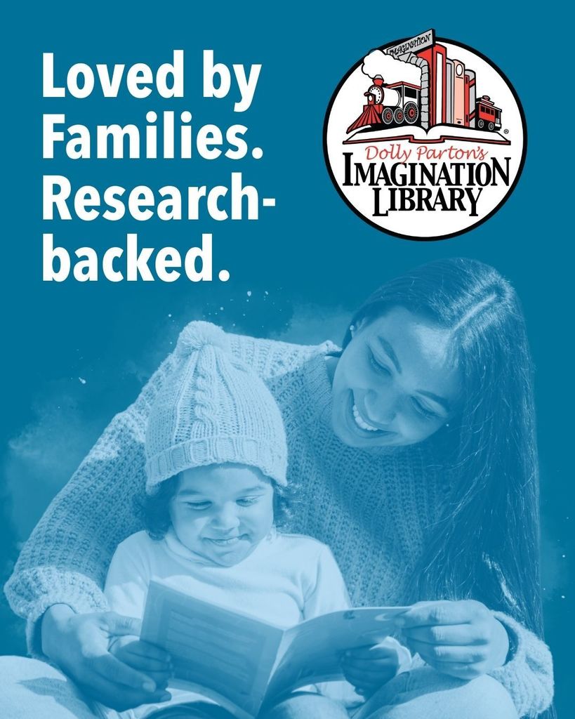 Imagination Library logo, photo of a woman reading a book together with a young child,  and text reading "Loved by Families, Research-backed."