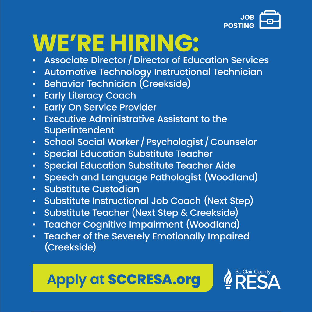 Briefcase icon, RESA logo, and text reading "We're hiring: Associate Director / Director of Education Services, Automotive Technology Instructional Technician, Behavior Technician (Creekside), Early Literacy Coach, Early On Service Provider, Executive Administrative Assistant to the Superintendent, School Social Worker / Psychologist / Counselor, Special Education Substitute Teacher, Special Education Substitute Teacher Aide, Speech and Language Pathologist (Woodland), Substitute Custodian Substitute Instructional Job Coach (Next Step), Substitute Teacher (Next Step & Creekside), Teacher Cognitive Impairment (Woodland), Teacher of the Severely Emotionally Impaired (Creekside)" 