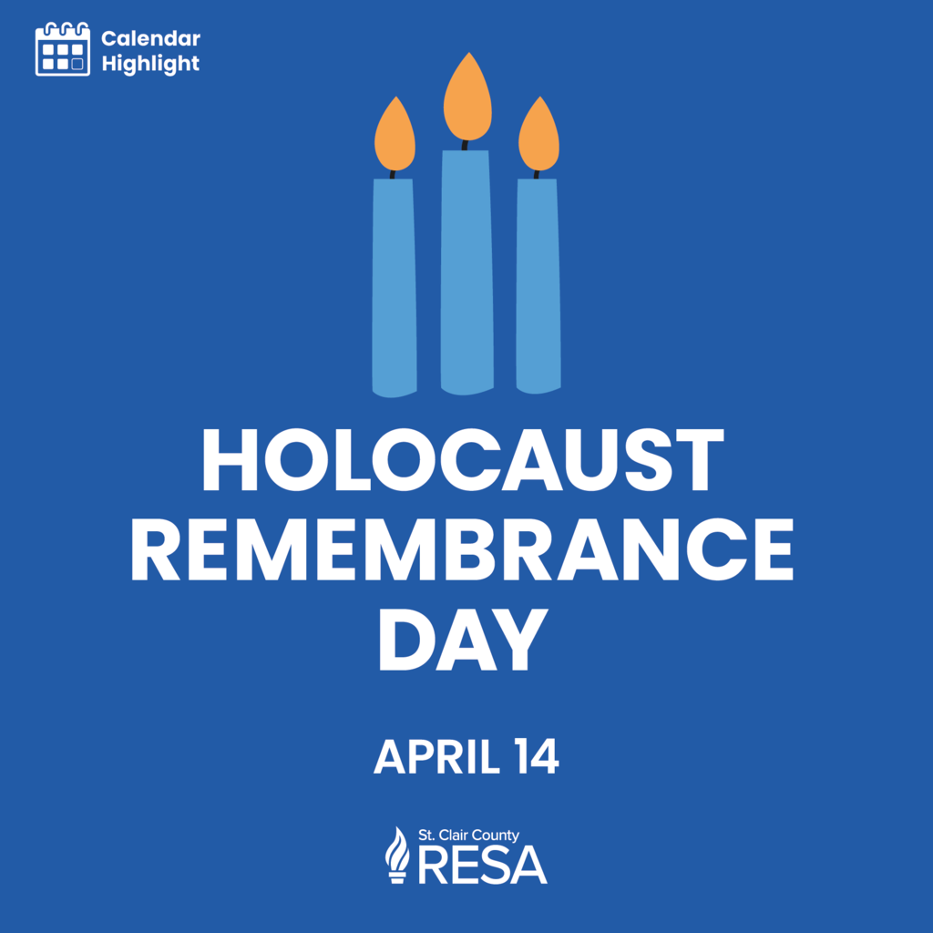 A simple illustration of three candles with text reading, "Calendar Highlight: Holocaust Remembrance Day, April 14." 