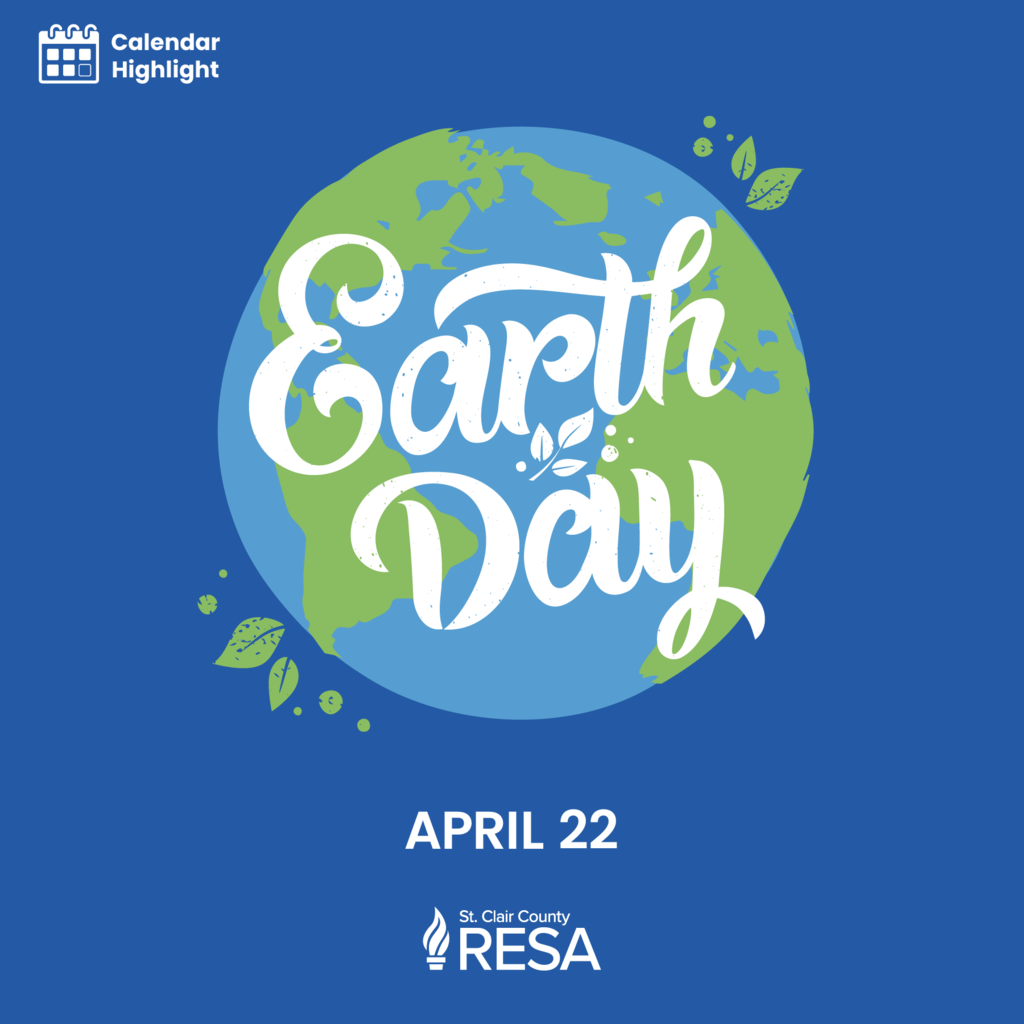 Illustration of planet earth with text that reads, "Earth Day, April 22."