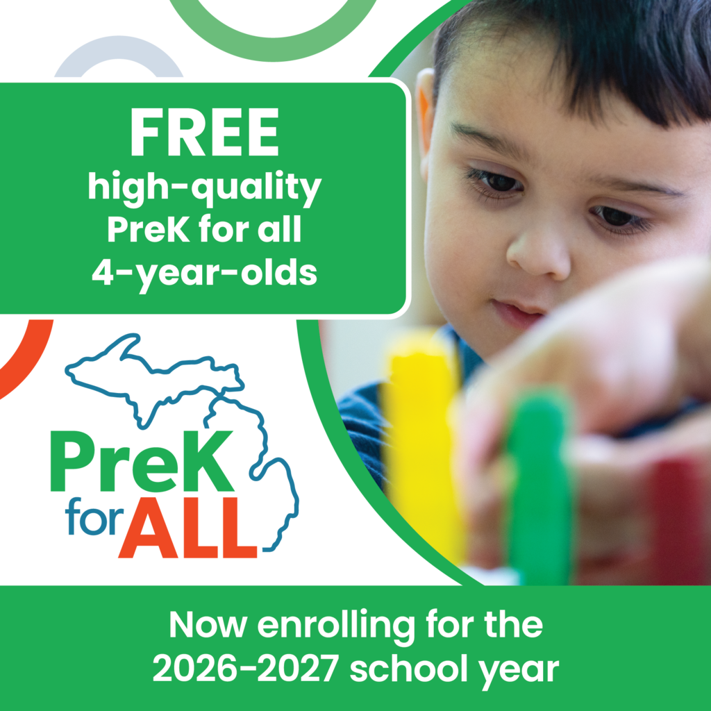 A preschooler stacks colorful blocks and text reads, "Free, high-quality PreK for all 4-year-olds. Now enrolling for the 2026-2027 school year."