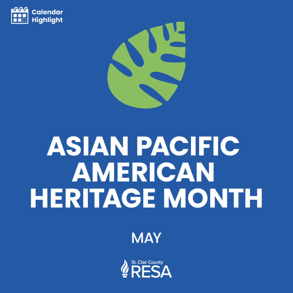 Icon of tropical plant leaf with text reading, "Asian Pacific American Heritage Month, May"