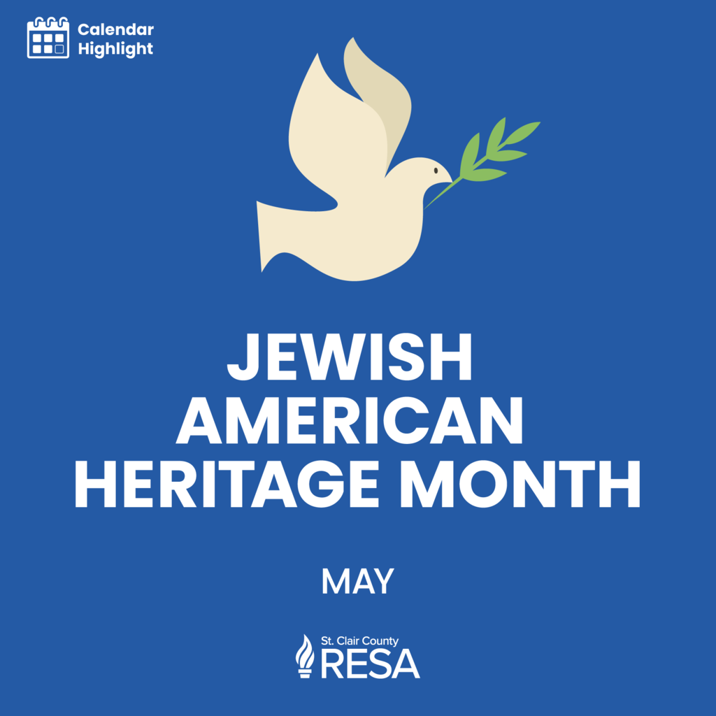 Icon of dove holding a laurel leaf with text reading, "Calendar Highlight: Jewish American Heritage Month, May"