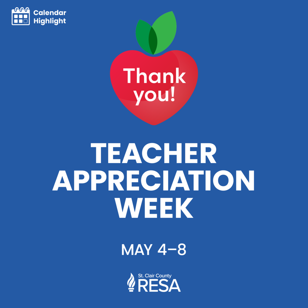 Heart shaped apple illustration with text reading, "Thank You. Teacher Appreciation Week, May 4-8"