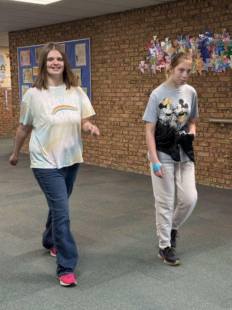 Two students walking side by side down a school hallway, smiling and moving at their own pace