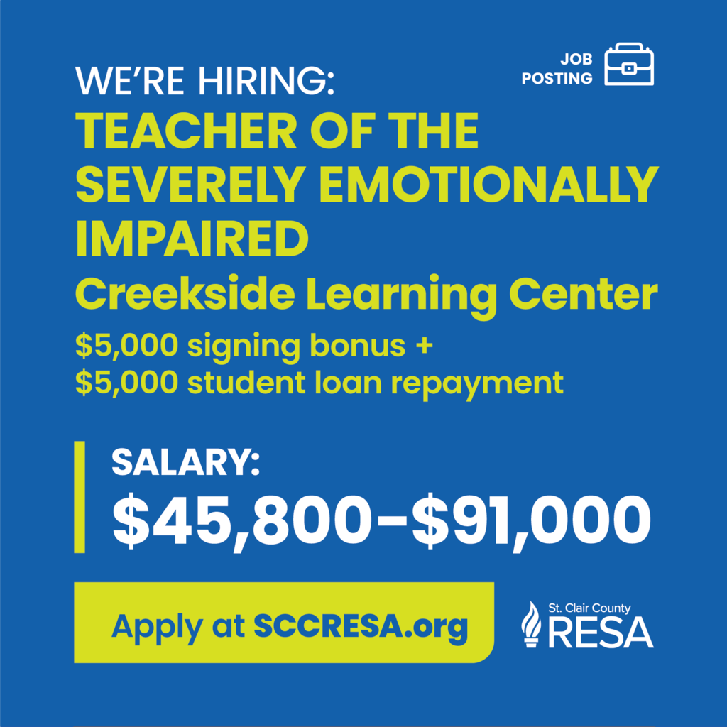 We hiring: Teacher of the Severely Emotionally Impaired at Creekside Learning Center. $5,000 signing bonus + $5,000 student loan repayment. Salary: $45,800–$91,000"