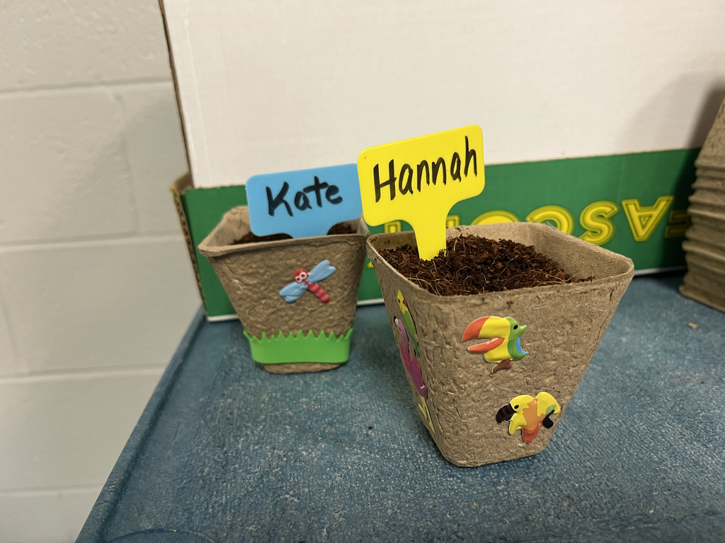 Two decorated planters with student name markers sit filled with soil, ready for flower seeds to grow.