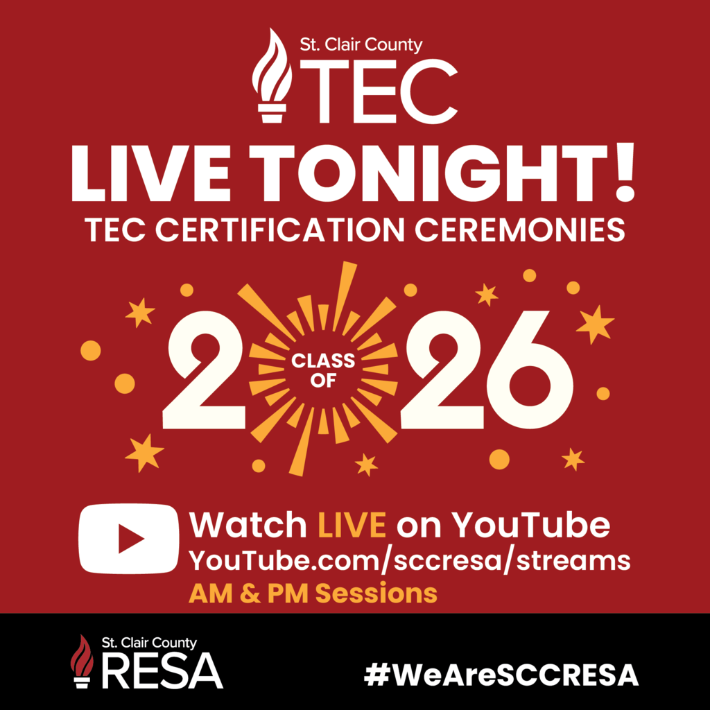 TEC and RESA Logos and "Class of 2026" artwork with text reading, "Live tonight! Watch live on YouTube: YouTube.com/sccresa/streams. AM & PM sessions,"