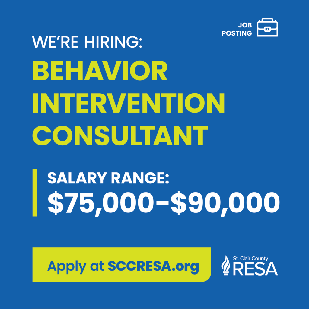 RESA logo with text reading, "We're hiring: Behavior Intervention Consultant. Salary range: $75,000-90,000. Apply at www.sccresa.org"