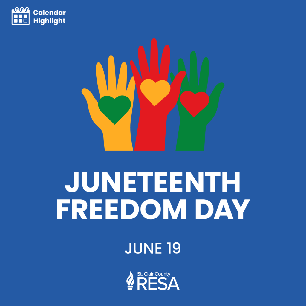 Illustration of three colorful hands with a heart in the palm reaching upward with text that reads, "Juneteenth Freedom Day, June 19."